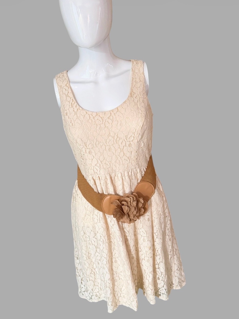 HeartSoul Cream Lace Mini Dress with Tan Flower Belt